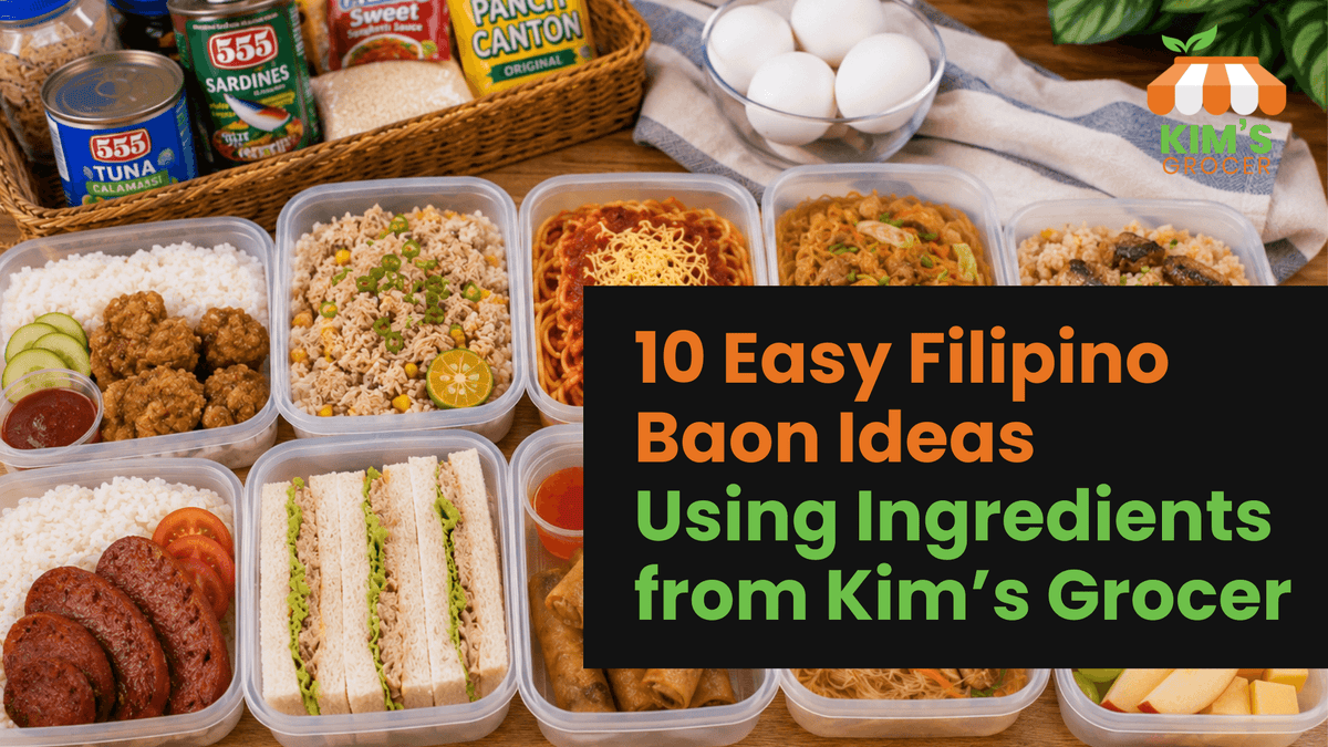 A colorful display of Filipino baon dishes made with ingredients from Kim's Grocery, showcasing easy cooking ideas.