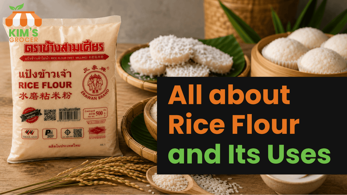 A collection of rice flour products and dishes, showcasing its versatility in cooking and baking applications.