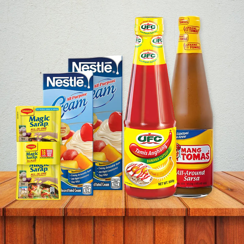 Cooking condiments featuring Maggi Magic Sarap on the left, Nestlé All Purpose Cream cartons, UFC Banana Catsup, and Mang Tomas Sarsa on the far right.