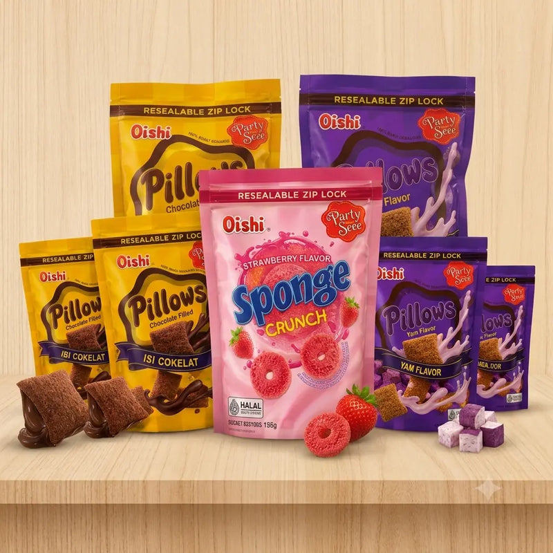 Assorted Oishi Party See snacks, including chocolate-filled Pillows, yam-flavored Pillows, and strawberry-flavored Sponge Crunch, displayed in resealable zip-lock bags.