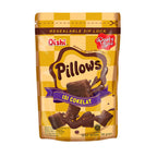 Oishi Pillows Party Size Chocolate Filled pillow-shaped crunchy snacks in a yellow resealable bag.