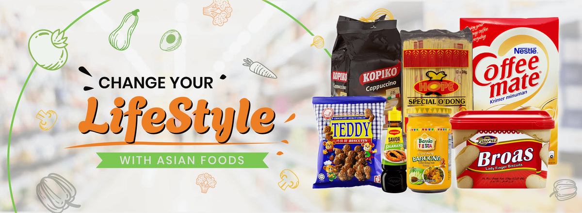 A vibrant display of Asian goods, promoting a lifestyle change with diverse food options and products.