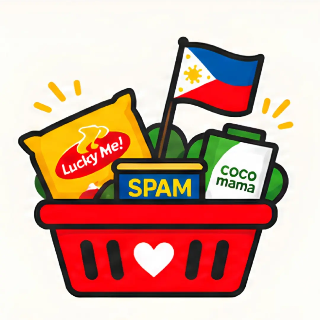A red grocery basket bearing a white heart on the front, filled with popular Filipino food products including Lucky Me! instant noodles, Spam, and Coco Mama coconut cream, topped with a small flag of the Philippines.