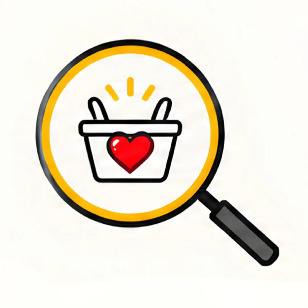 An icon of a yellow magnifying glass framing a shopping basket adorned with a red heart and decorative motion lines above it.
