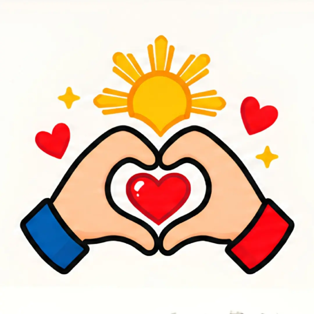 Two hands with blue and red cuffs making a heart gesture around a small red heart, with the Philippine sun radiating yellow light above and floating red hearts and yellow stars on either side.