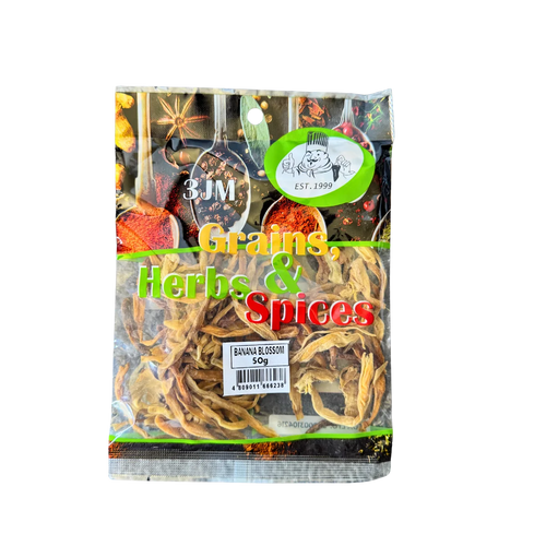 A 50g bag of 3JM Dried Banana Blossom, showcasing the product's packaging and label design.