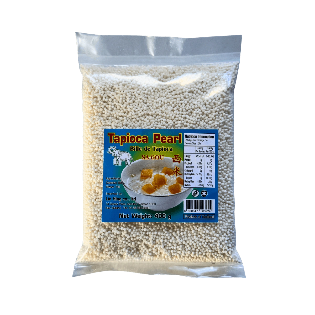 A bag of tapioca pearl next to a bowl filled with a colorful assortment of cooked vegetables and protein.