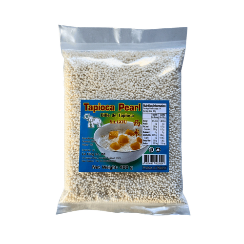 A bag of tapioca pearl next to a bowl filled with a colorful assortment of cooked vegetables and protein.