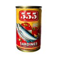 A can of sardines in tomato sauce displayed against a black background.