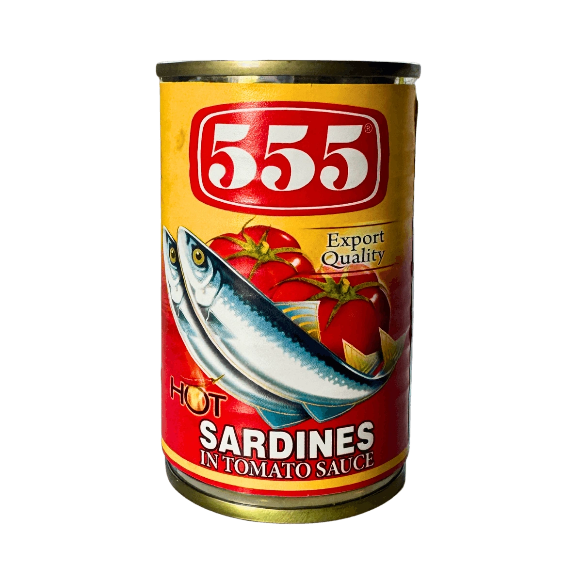A can of sardines in tomato sauce displayed against a black background.