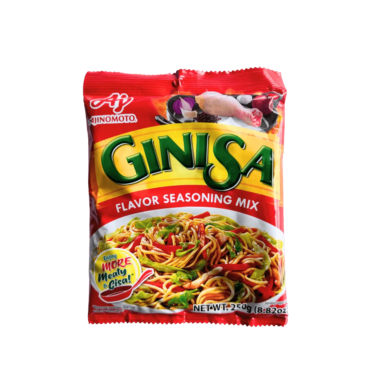 A packet of ginisa seasoning mix featuring vibrant graphics and ingredients, ideal for enhancing Filipino dishes.