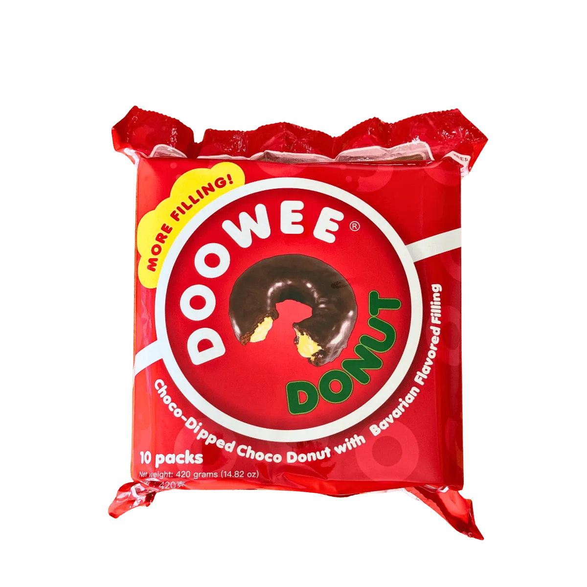 Doowee Donut Choco Dipped Choco Donut with Bavarian Flavored Filling. It features a chocolate-coated donut with a smooth, creamy Bavarian-flavored filling inside.