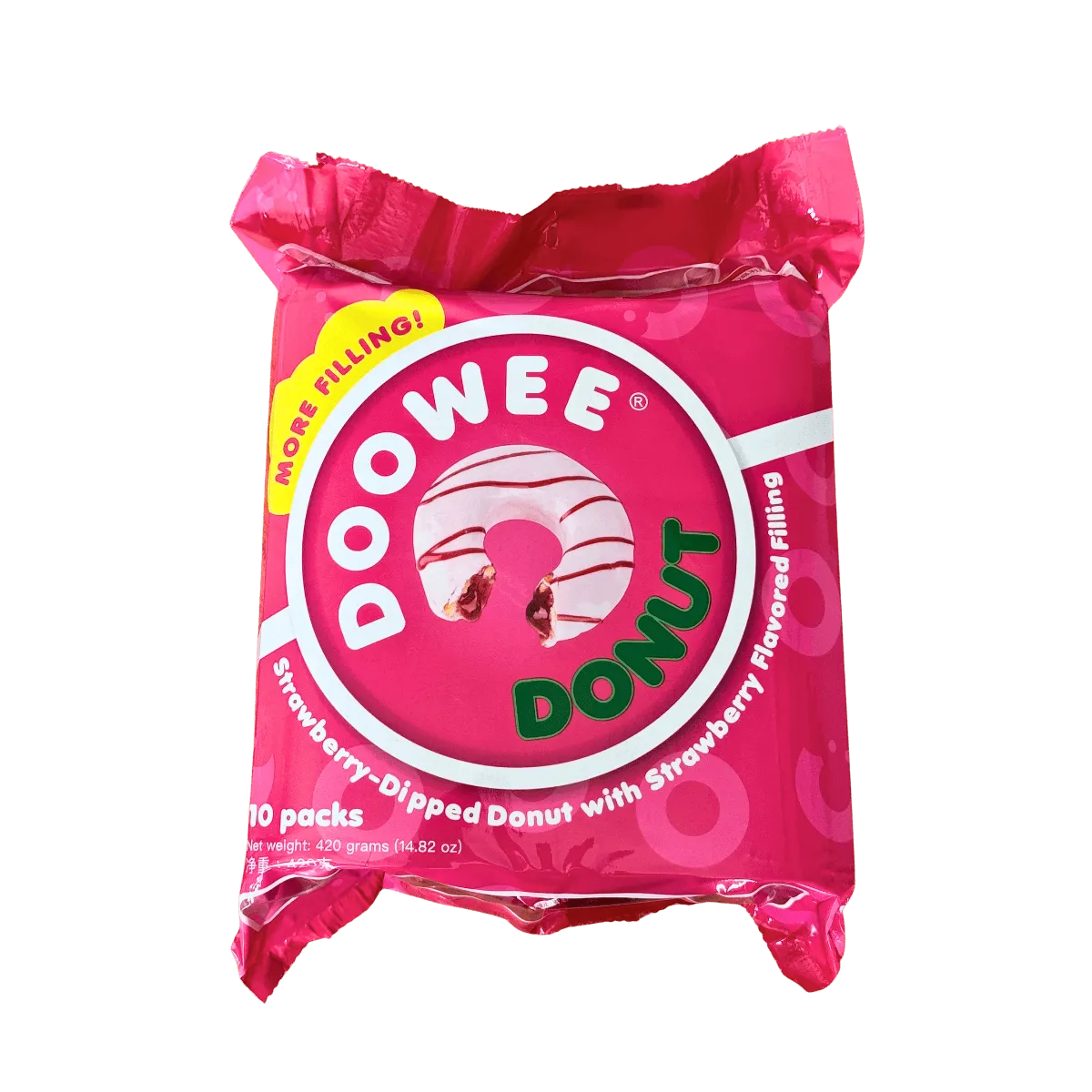Doowee Donut Strawberry Dipped Donut with Strawberry Flavored Filling. It features a soft donut coated with sweet strawberry-flavored topping and filled with a smooth strawberry-flavored cream.