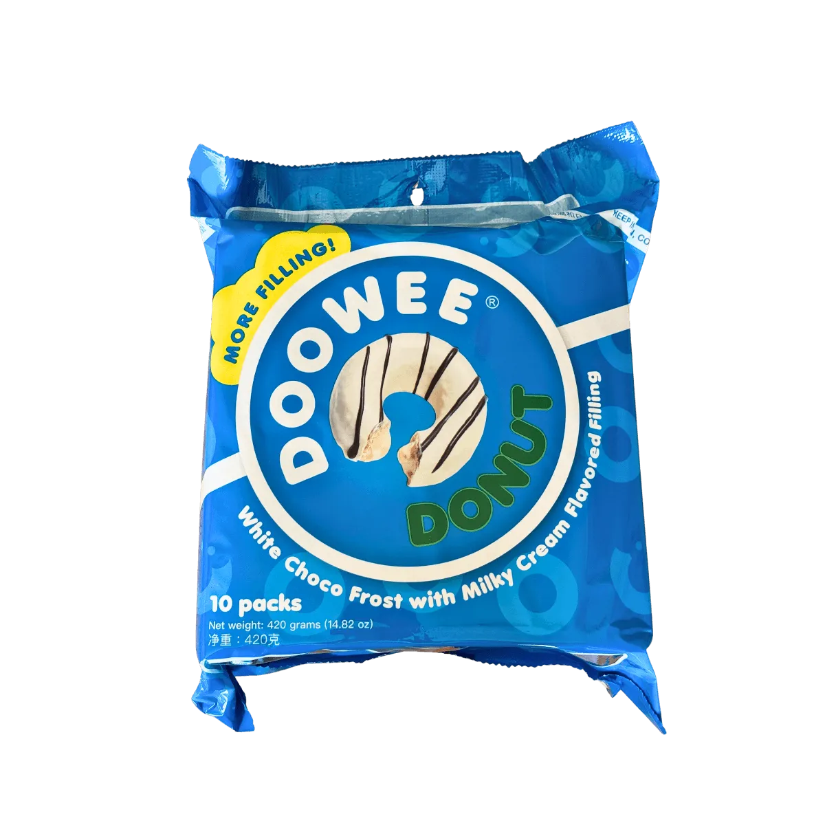 Doowee Donut White Choco Frost with Milky Cream Flavored Filling. It features a soft donut topped with creamy white chocolate frosting and filled with smooth, milky cream-flavored filling.