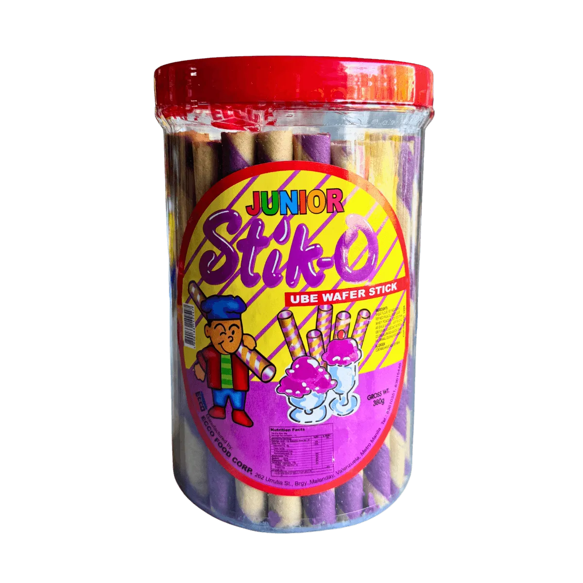 Junior Stik-O Ube Wafer Stick. It features crispy, light wafer sticks with a sweet and creamy ube-flavored filling for a delicious snack.