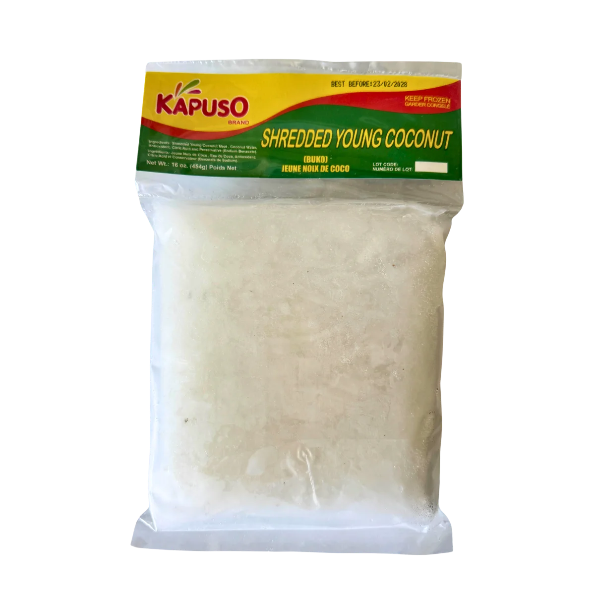 Shredded coconut in a clear package labeled "Kapuso" showcasing its fine texture and natural color.