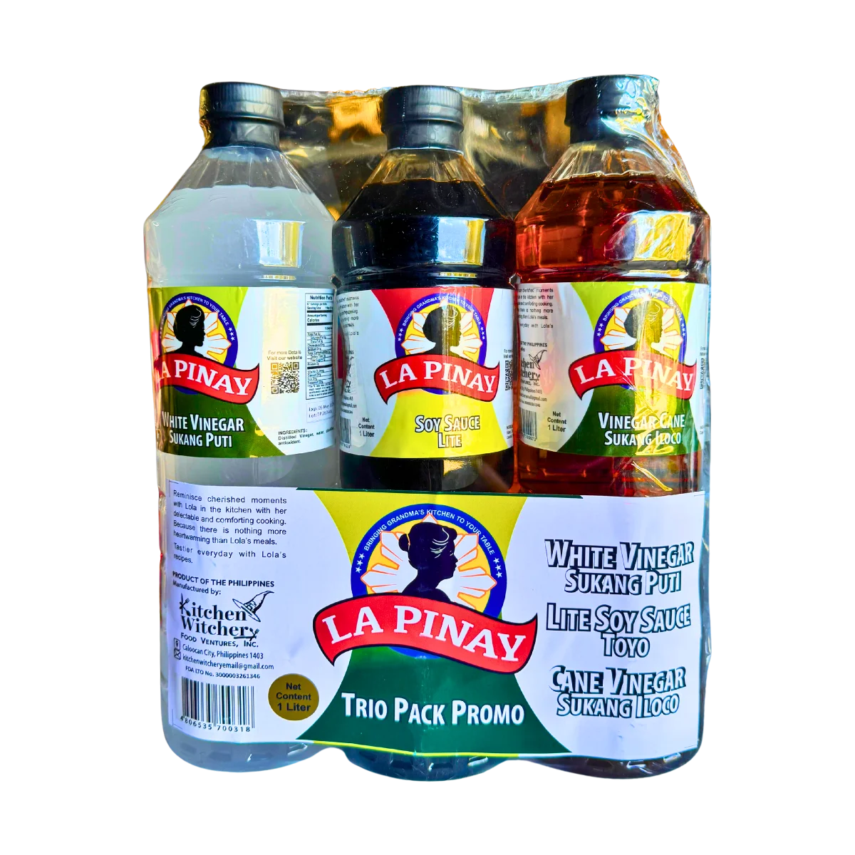 La Pinay Trio Pack Promo featuring White Vinegar, Lite Soy Sauce, and Cane Vinegar. It includes three versatile Filipino condiments for cooking, dipping, marinating, and adding flavor to everyday dishes.