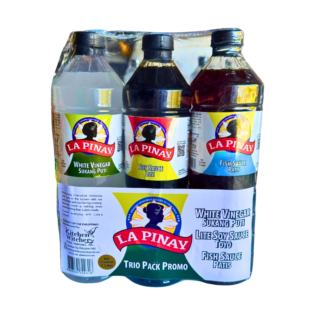 Three bottles of La Pinay packaged together in a clear plastic bag.