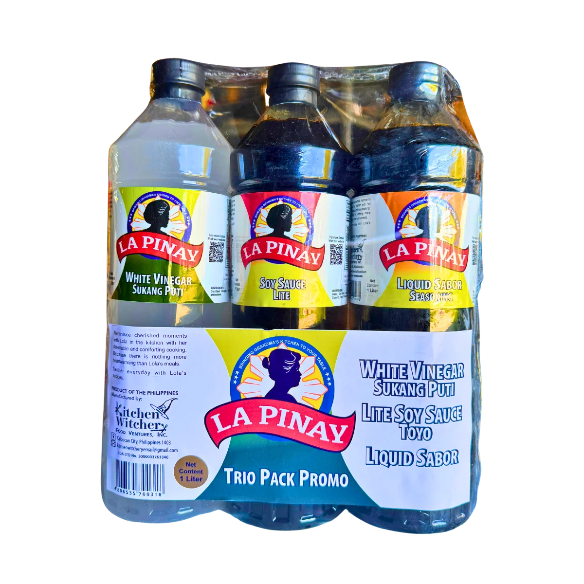 La Pinay Trio Pack Promo featuring White Vinegar, Lite Soy Sauce, and Liquid Sabor. It includes essential Filipino condiments for seasoning, marinating, dipping, and enhancing the flavor of everyday dishes.