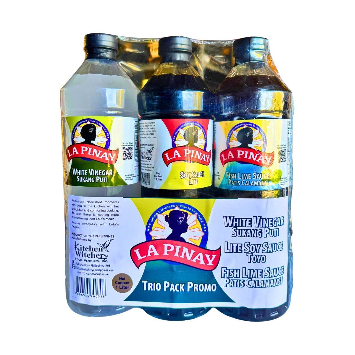 La Pinay Trio Pack Promo featuring White Vinegar, Lite Soy Sauce, and Fish Lime Sauce. It includes three flavorful Filipino condiments for cooking, dipping, and seasoning a variety of dishes.