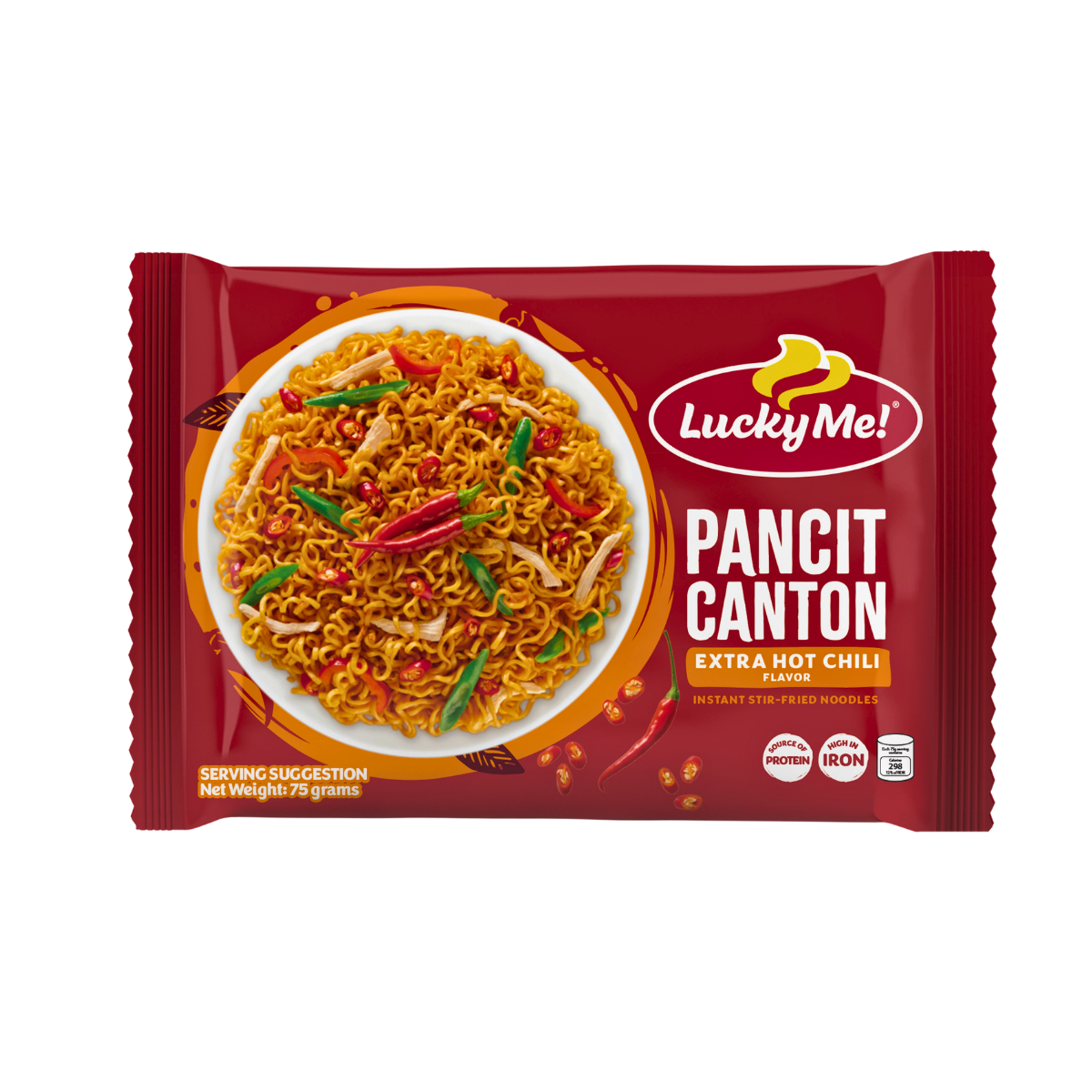 A package of Lucky Me Pancit Canton noodles, featuring vibrant packaging and a clear view of the product inside.