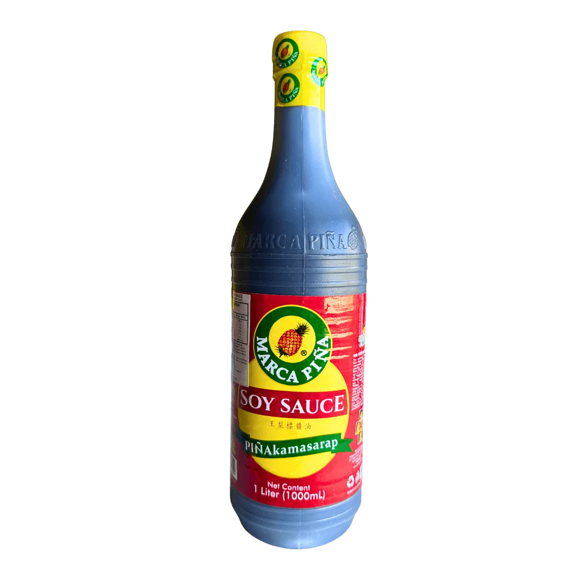 A bottle of sauce with a label, placed on a plain white background.