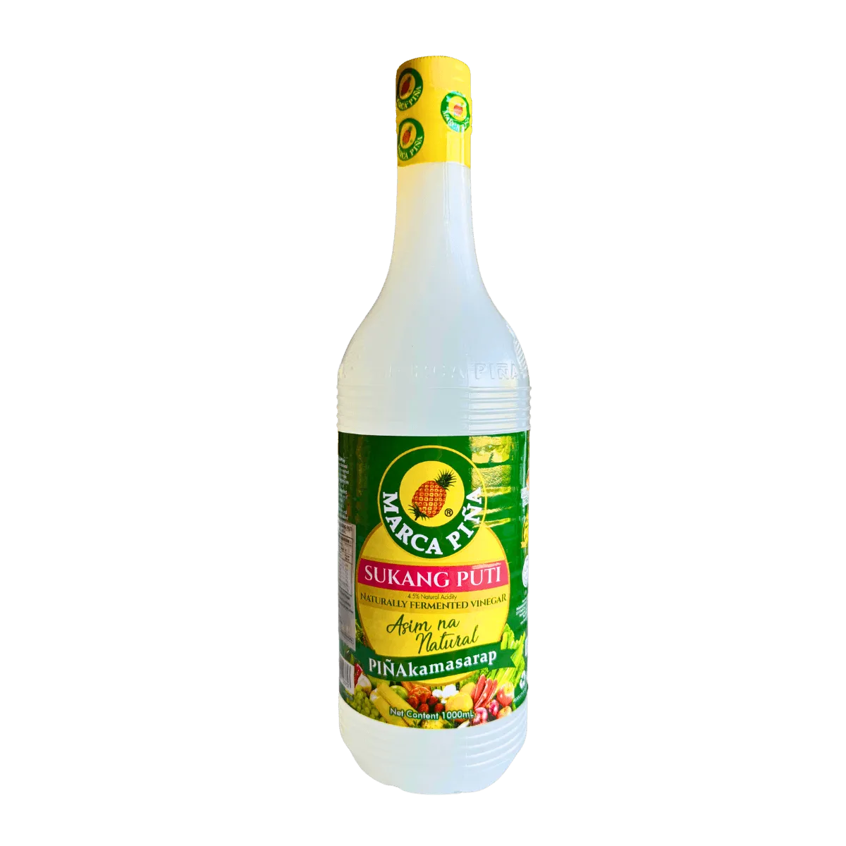 A clear bottle of Marca Piña Sukang Puti 1L with a yellow liquid, placed on a white background.