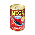 A can of mega sardines in tomato sauce, showcasing the product label and the contents inside the can.