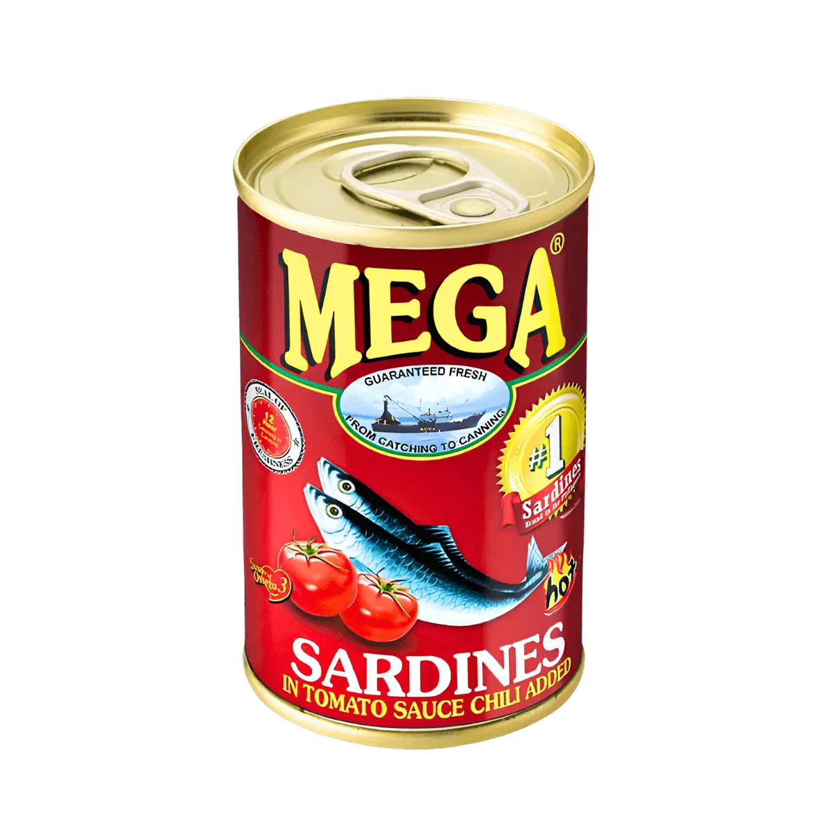 A can of mega sardines in tomato sauce, showcasing the product label and the contents inside the can.