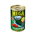 A can of mega sardines in tomato sauce, showcasing the product label and the contents inside the can.