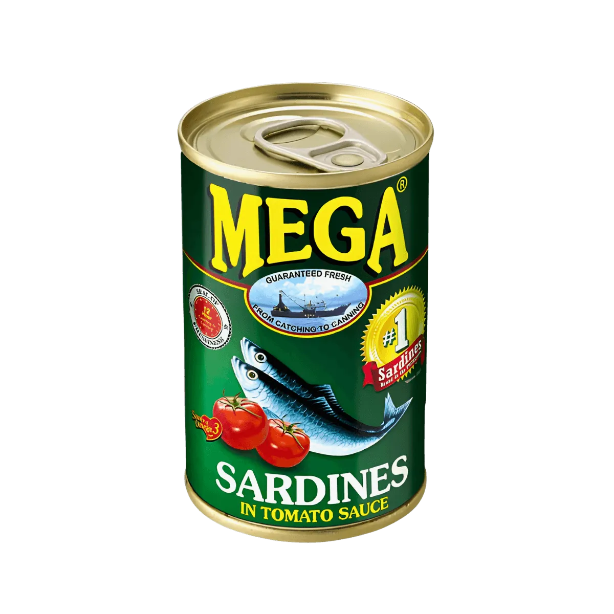 A can of mega sardines in tomato sauce, showcasing the product label and the contents inside the can.