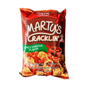 A bag of Marty's Cracklin's featuring spicy vinegar flavor, showcasing the product's branding and flavor description.