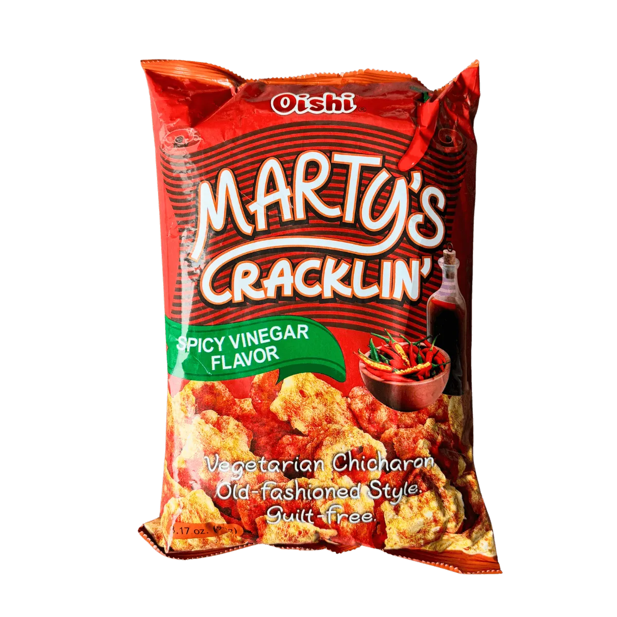 A bag of Marty's Cracklin's featuring spicy vinegar flavor, showcasing the product's branding and flavor description.
