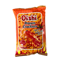 A bag of Oshii prawn crackers, showcasing the vibrant packaging and a clear view of the crispy snacks inside.