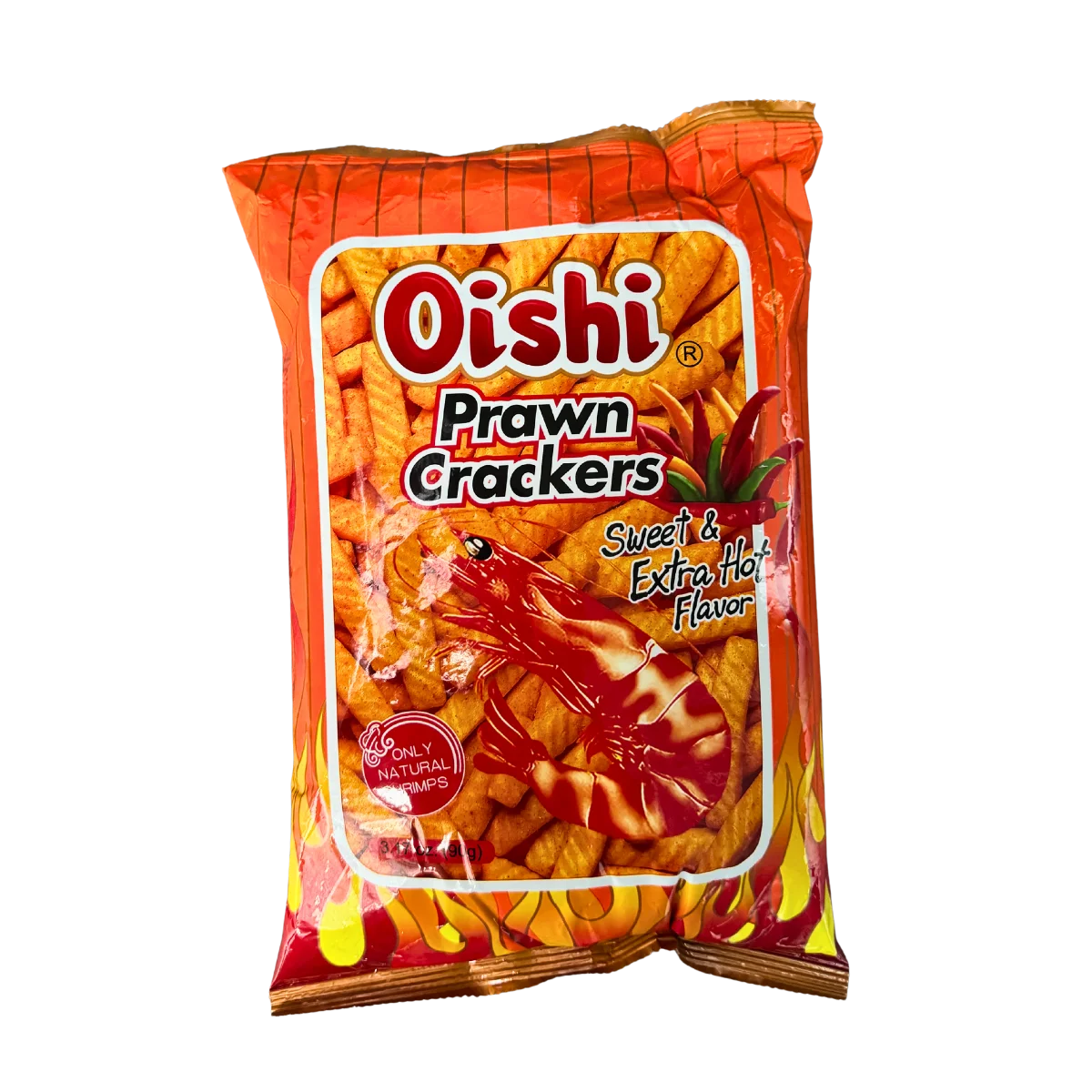 A bag of Oshii prawn crackers, showcasing the vibrant packaging and a clear view of the crispy snacks inside.