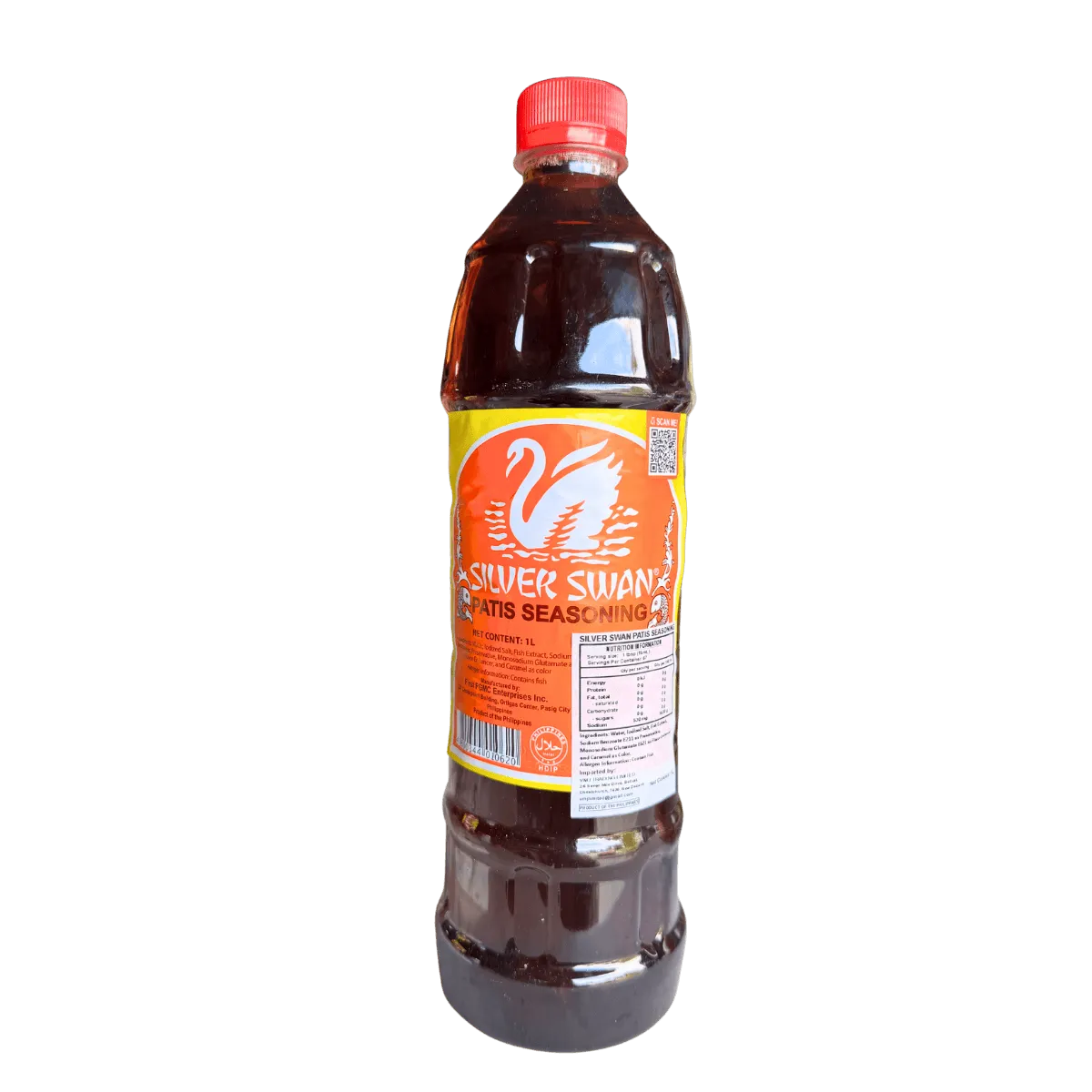 A bottle of Silver Swan Patis Seasoning 1L featuring a prominent red label, showcasing its branding and product information.