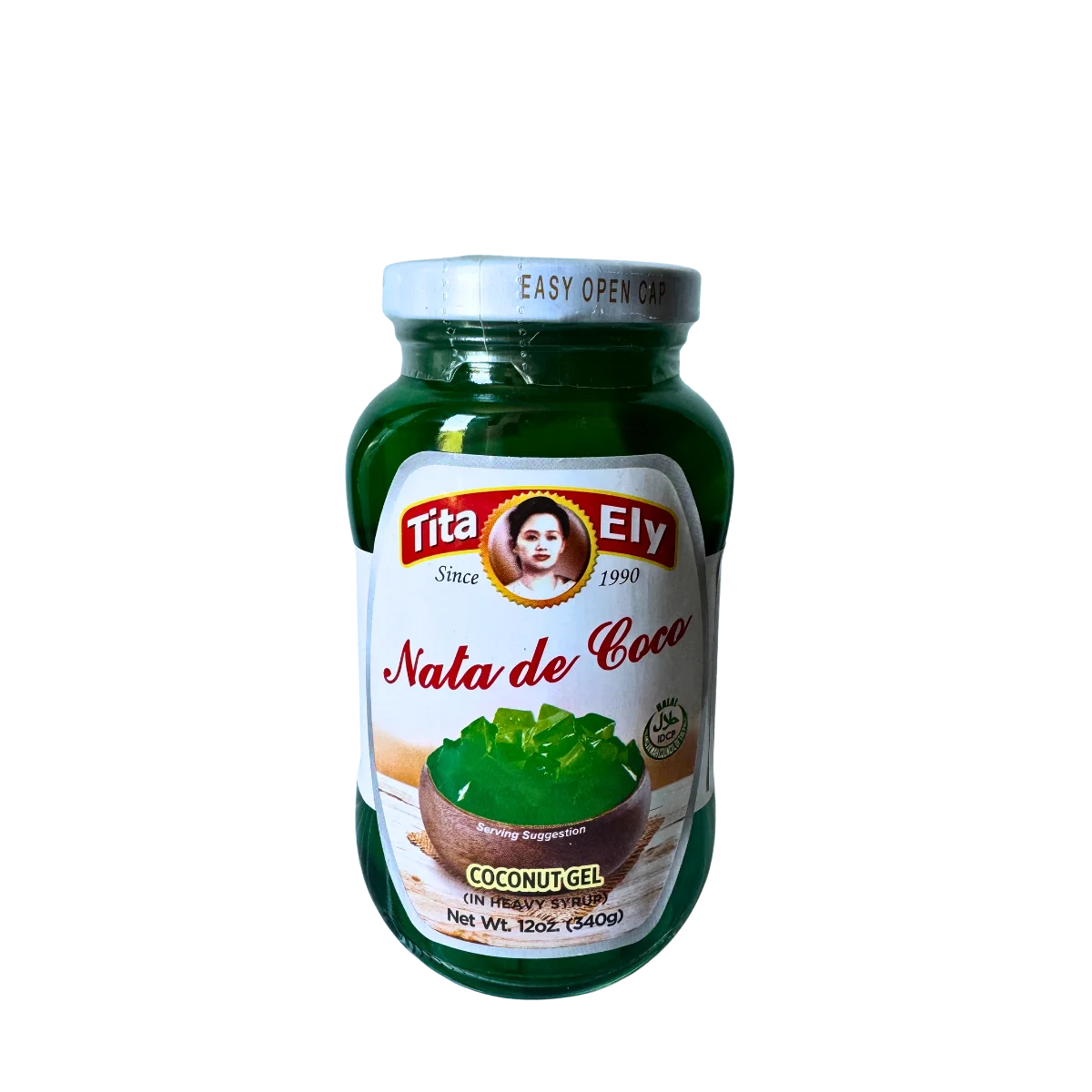 A jar of Tita Ely Nata de Coco Coconut Gel, featuring green gel on a white background.