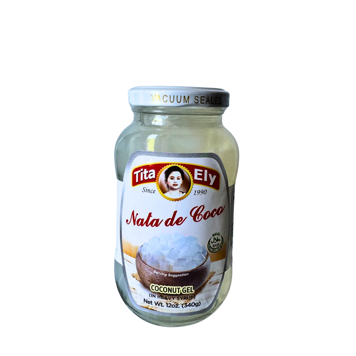 A jar of Tita Ely Nata de Coco Coconut Gel, 340g, displayed against a white background.