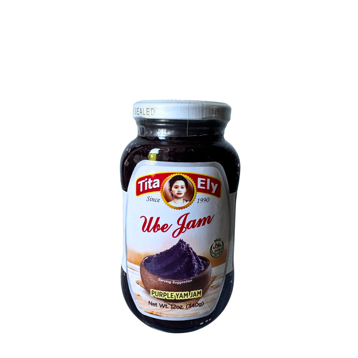 A jar of Tita Ely Ube Jam, 340g, featuring vibrant purple yam jam against a sleek black background.