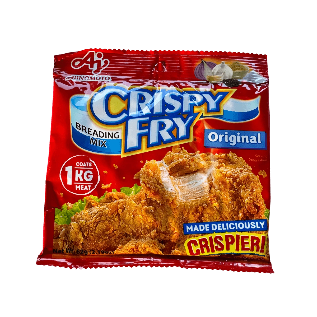 A bag of crispy fry breading mix, showcasing the product's vibrant packaging and texture.