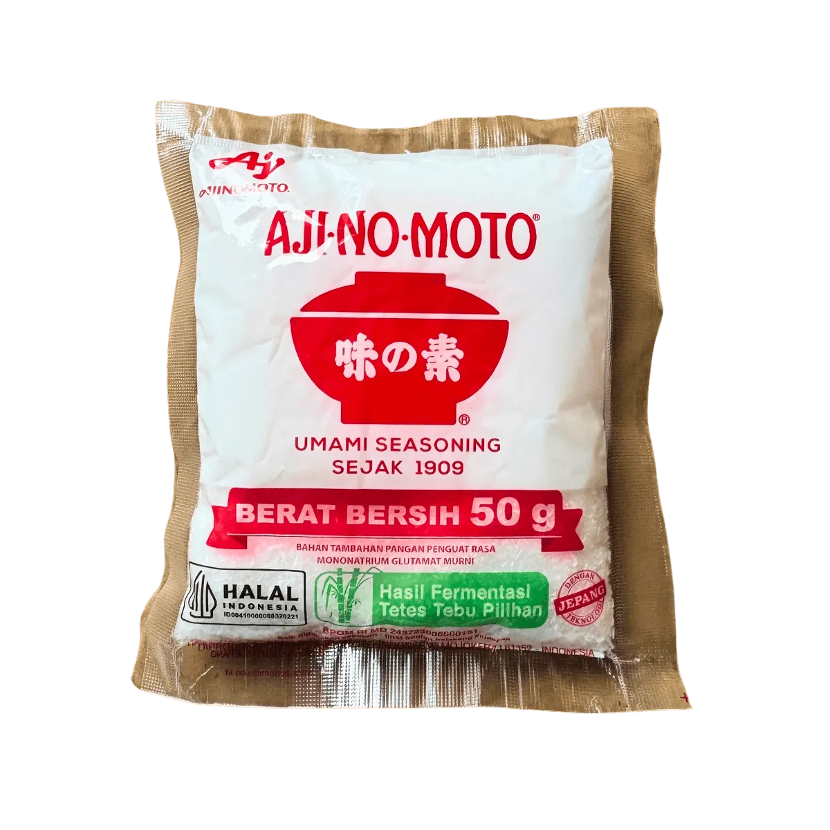 Ajinomoto umami seasoning package, 50g, featuring a vibrant design and clear product labeling.