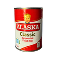 A can of Alaska Classic Milk featuring a blue and white design with a mountain logo and nutritional information on the label.