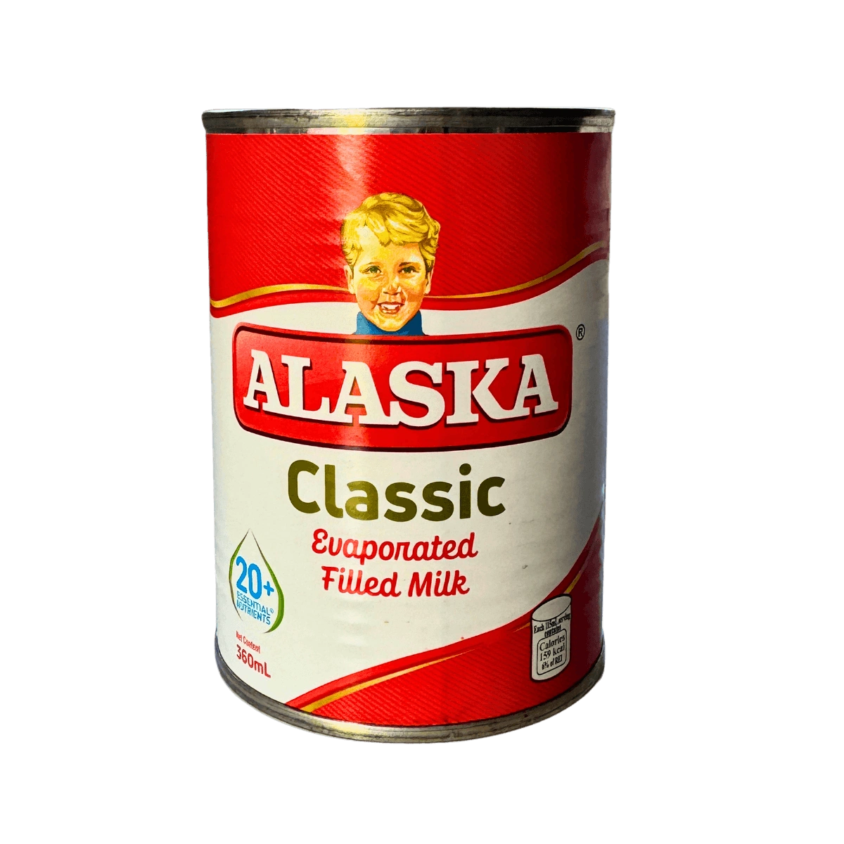 A can of Alaska Classic Milk featuring a blue and white design with a mountain logo and nutritional information on the label.