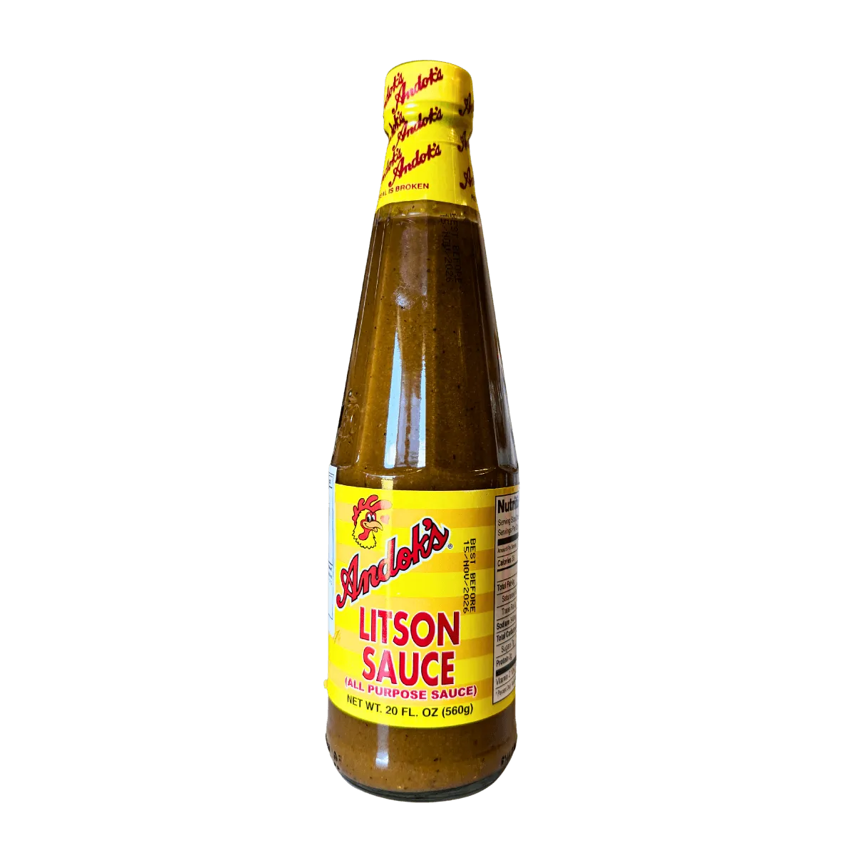 A bottle of Andok's Litson Sauce displayed against a black background, highlighting its yellow color and label design.