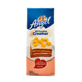 A slice of angel white cake topped with a generous layer of cream, presented on a decorative plate.
