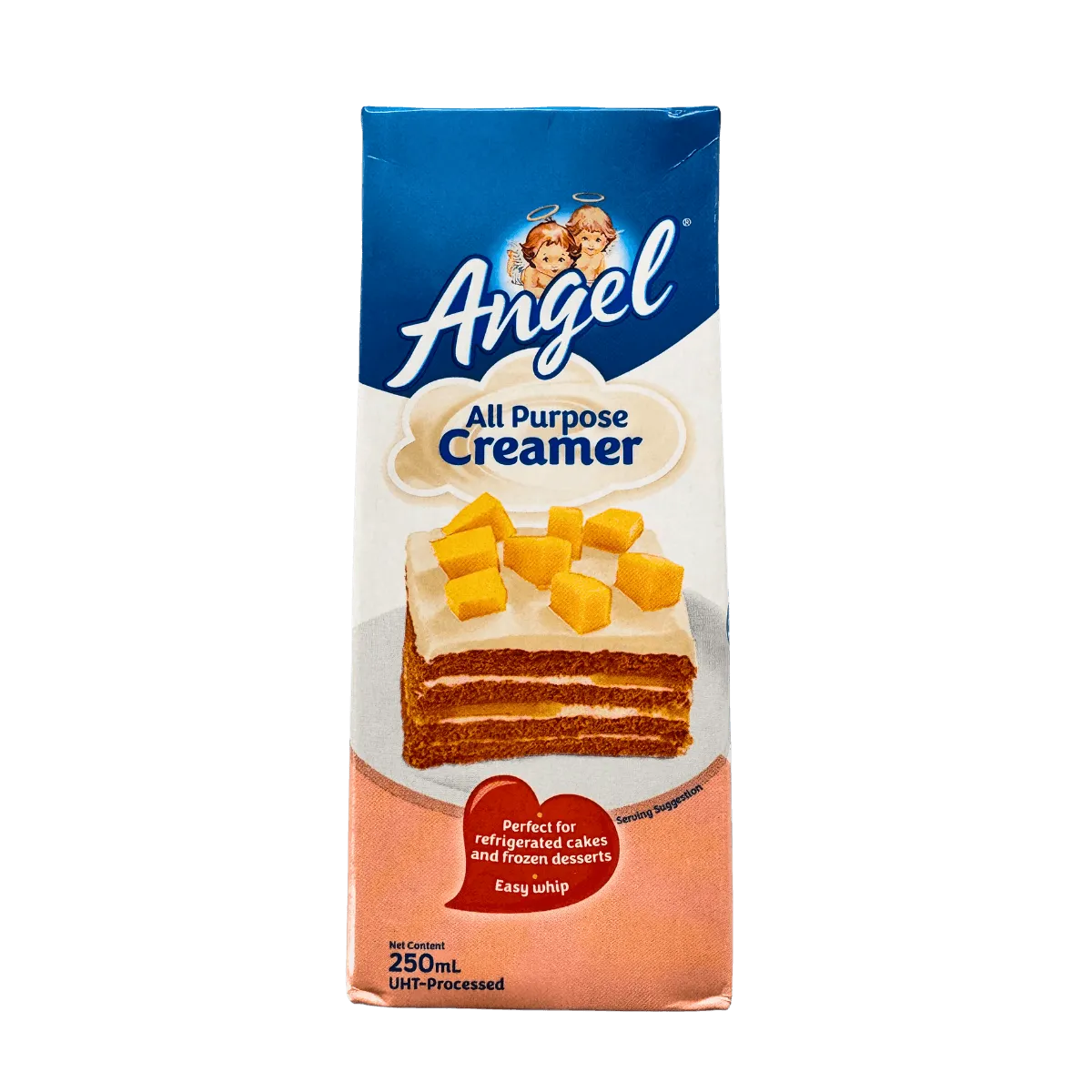 A slice of angel white cake topped with a generous layer of cream, presented on a decorative plate.