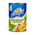 Canned condensed milk by Angel Kremdensada, featuring a label with nutritional information.