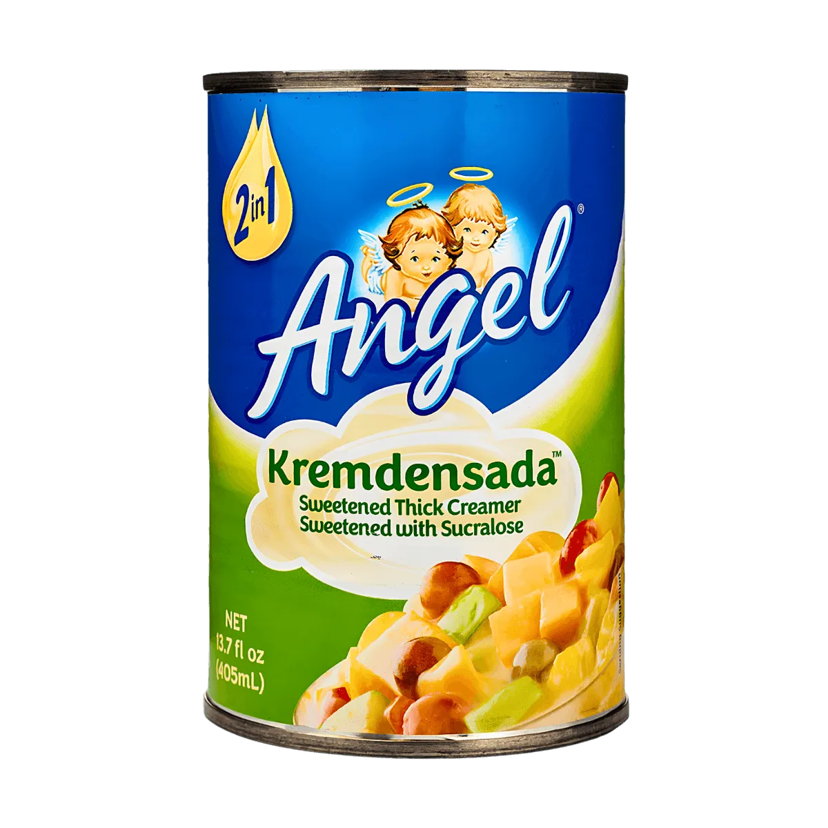 Canned condensed milk by Angel Kremdensada, featuring a label with nutritional information.