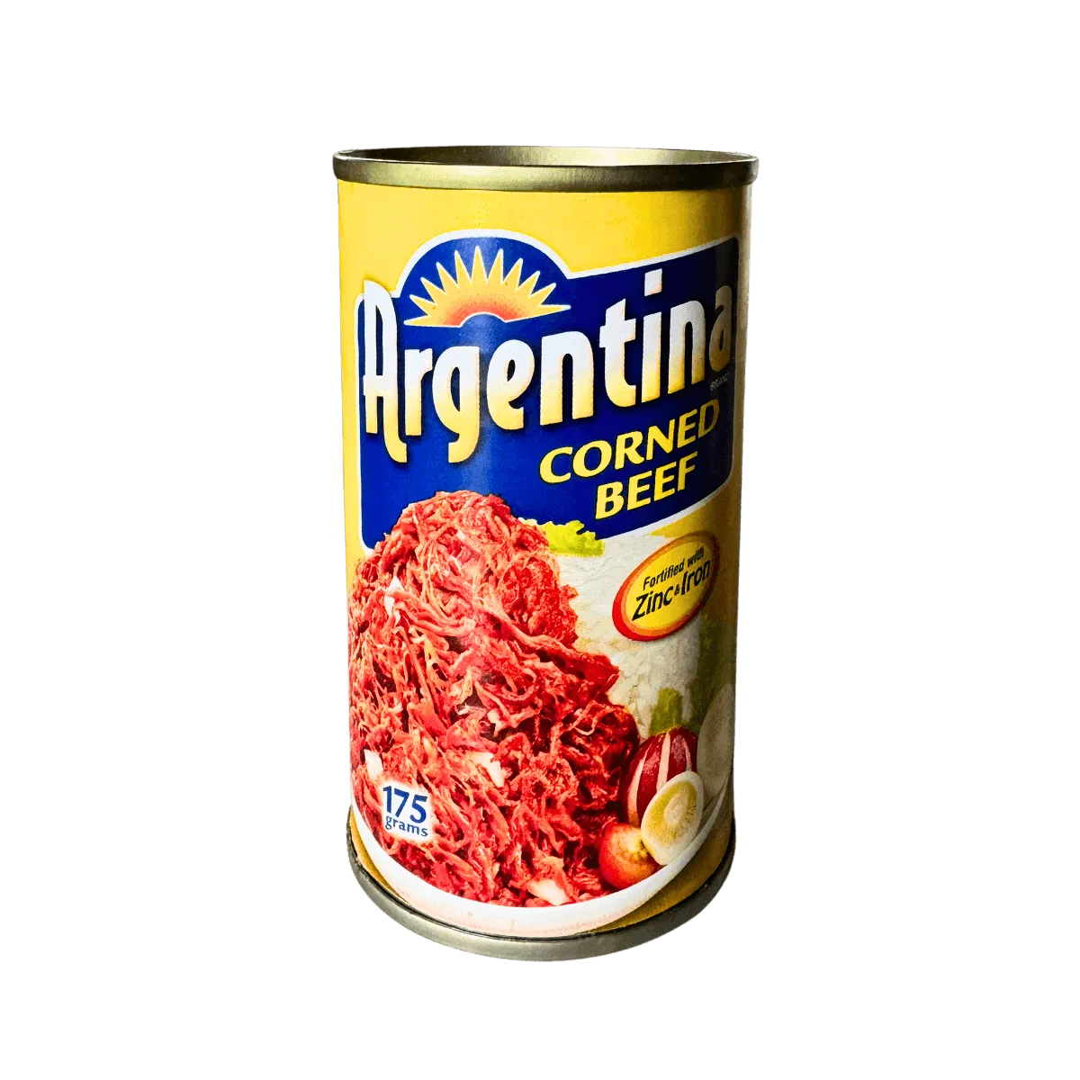 A can of Argentina corned beef 175g, featuring a red label with a bull and nutritional information on the side.