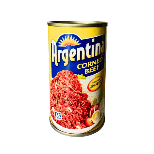 A can of Argentina corned beef 175g, featuring a red label with a bull and nutritional information on the side.
